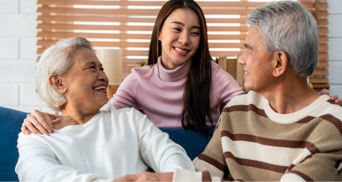 A family member speaking to her parents
